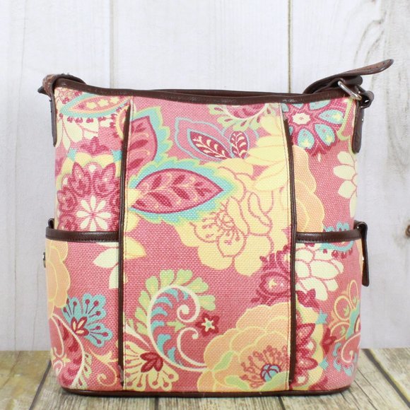Spartina Pink Floral Canvas Brown Leather Trim Lined Shoulder Bag Size OS - Picture 4 of 12